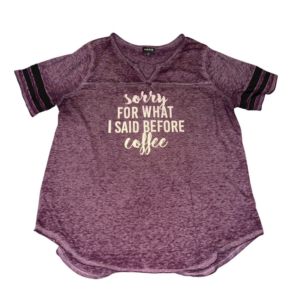 Torrid Short Sleeve Shirt Womens 00 M Purple Sorry For What I Said Before Coffee